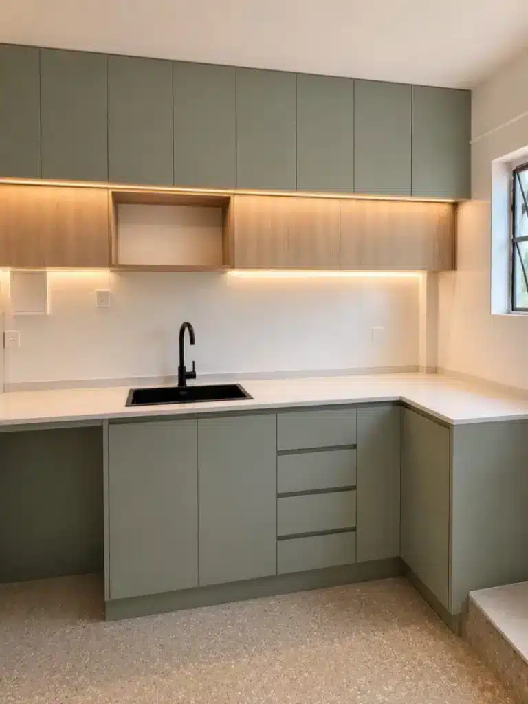 Cocina integral verde salvia a medida en Bogotá - Muebles Moratto